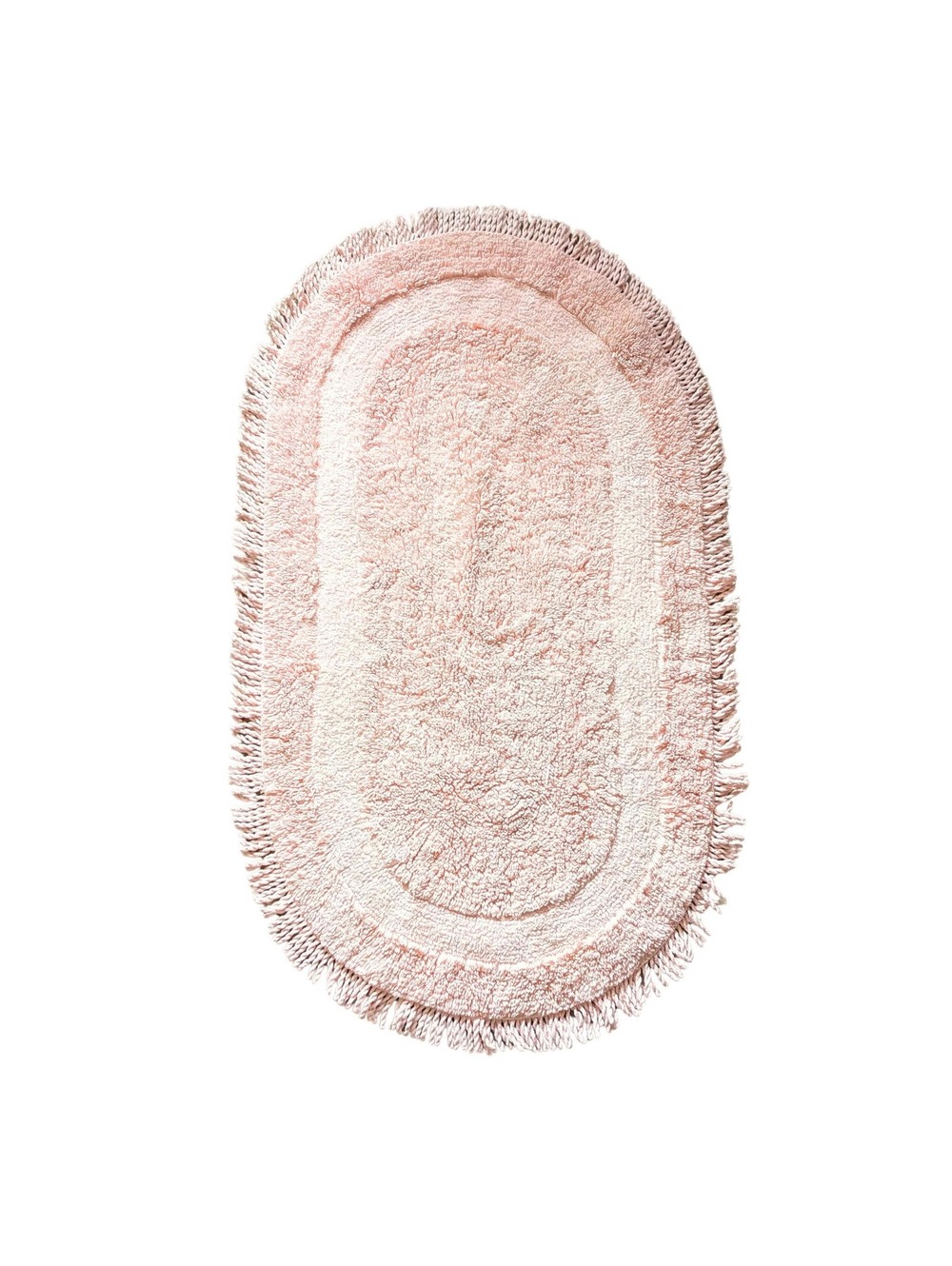 Vintage Pastel Peach Oval Chenille Bath Rug with Fringed Edge